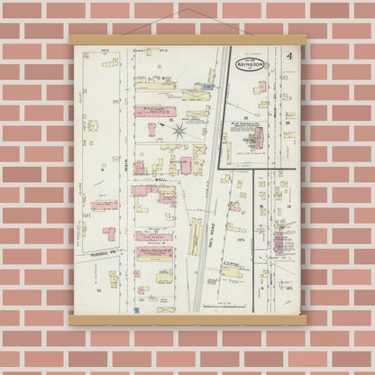 Old map wall art mockup — magnetic wood frame on brick wall — Sanborn Fire Insurance Map from Abingdon, Washington County, Virginia (1891), Sheet #0004