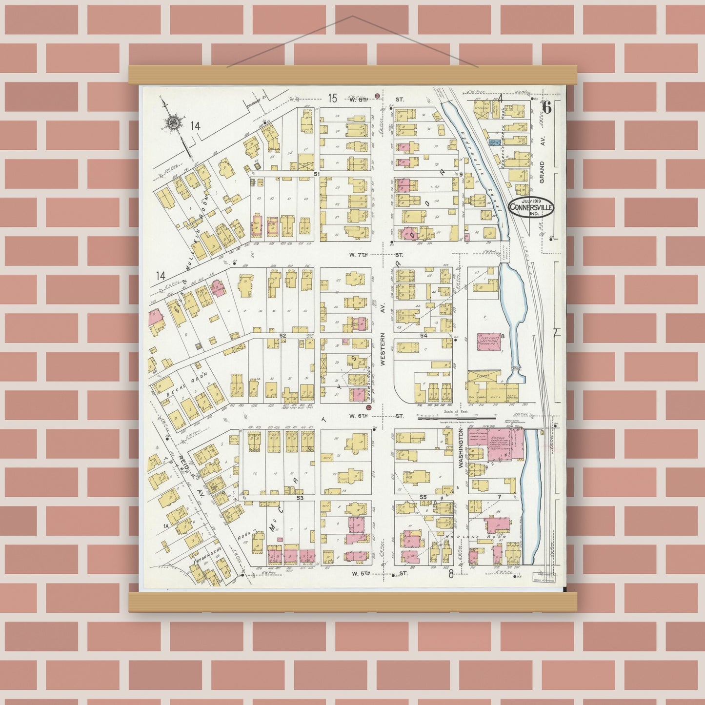 Old map wall art mockup — magnetic wood frame on brick wall — Sanborn Fire Insurance Map from Connersville, Fayette County, Indiana (1919), Sheet #0006