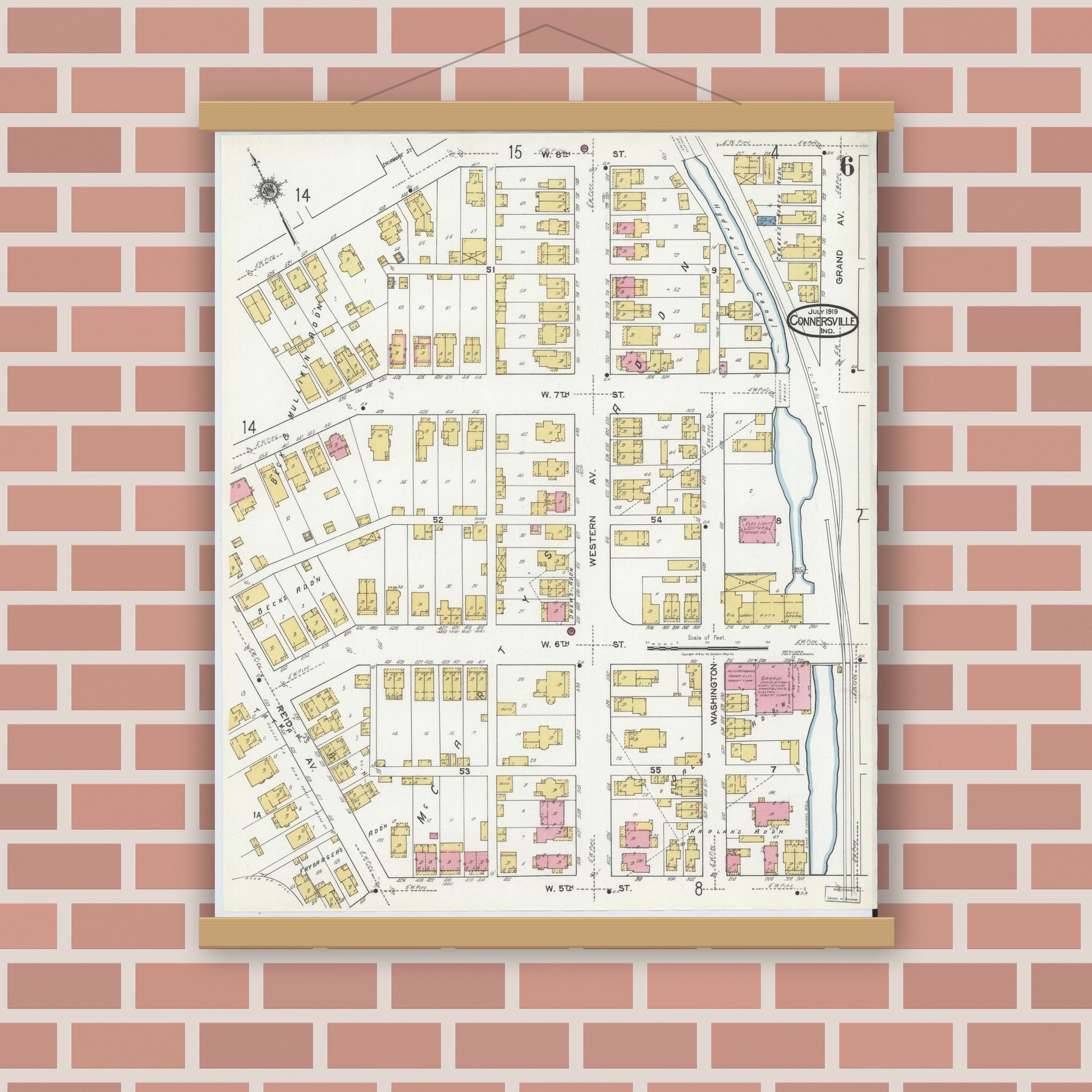 Old map wall art mockup — magnetic wood frame on brick wall — Sanborn Fire Insurance Map from Connersville, Fayette County, Indiana (1919), Sheet #0006