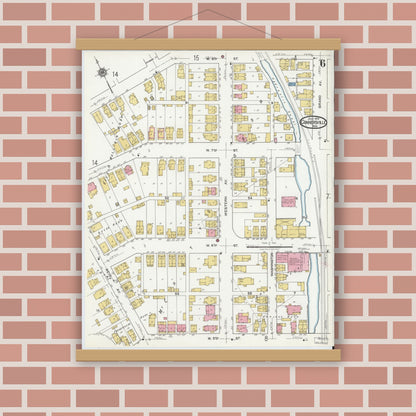 Old map wall art mockup — magnetic wood frame on brick wall — Sanborn Fire Insurance Map from Connersville, Fayette County, Indiana (1919), Sheet #0006