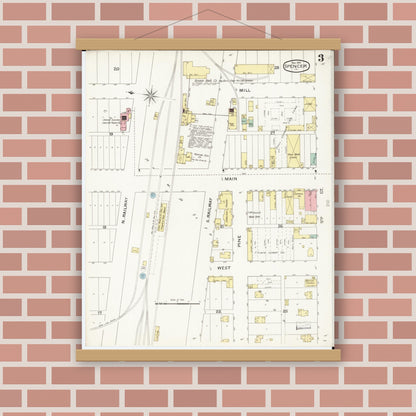 Old map wall art mockup — magnetic wood frame on brick wall — Sanborn Fire Insurance Map from Spencer, Clay County, Iowa (1893), Sheet #0003