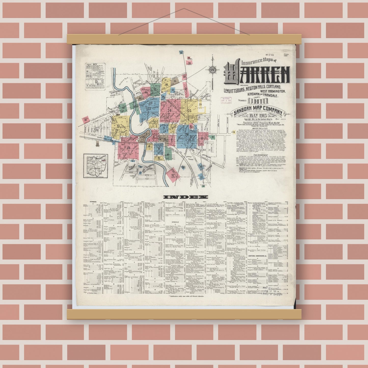 Old map wall art mockup — magnetic wood frame on brick wall — Sanborn Fire Insurance Map from Warren, Trumbull County, Ohio (1915) - Complete Map Set