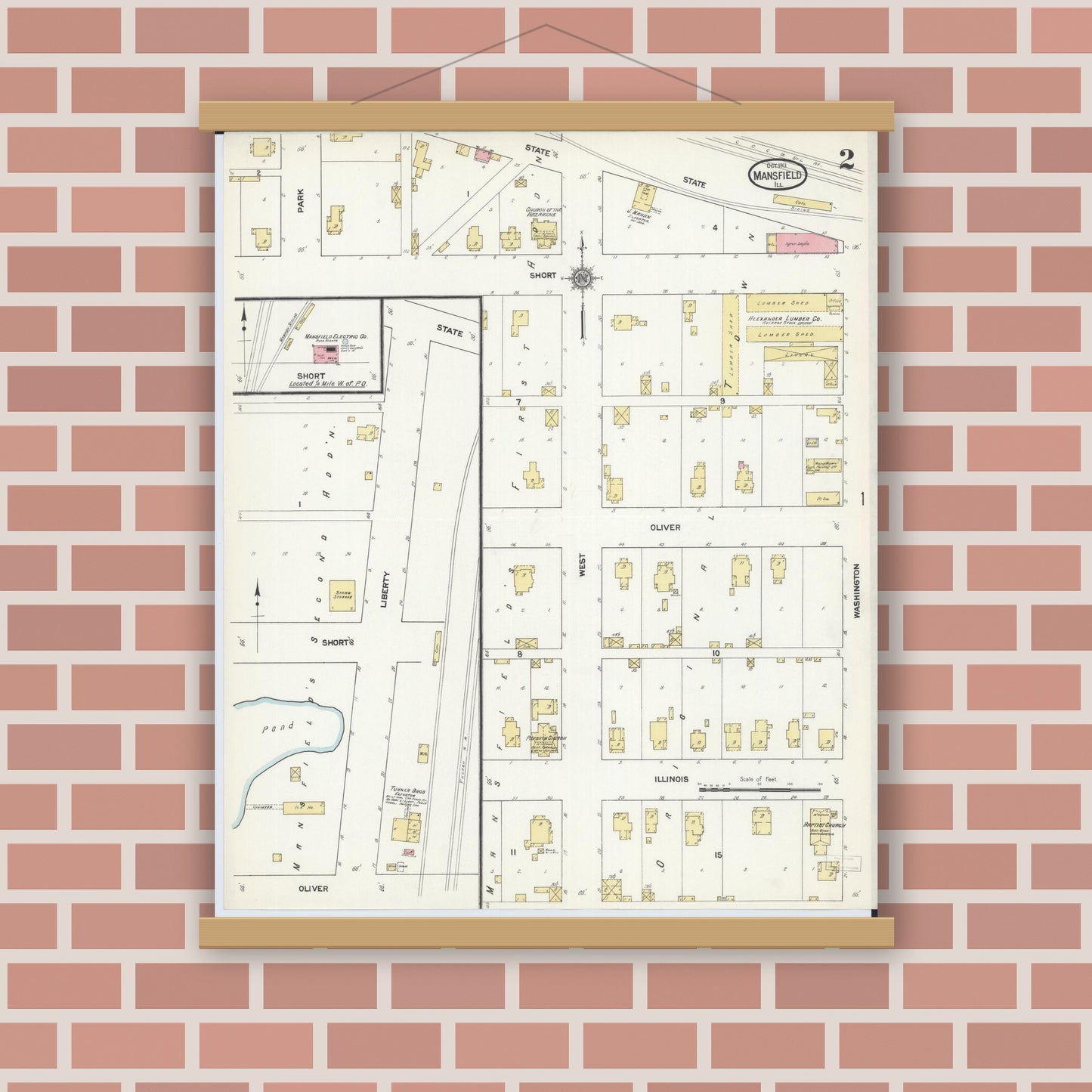 Old map wall art mockup — magnetic wood frame on brick wall — Sanborn Fire Insurance Map from Mansfield, Piatt County, Illinois (1911), Sheet #0002