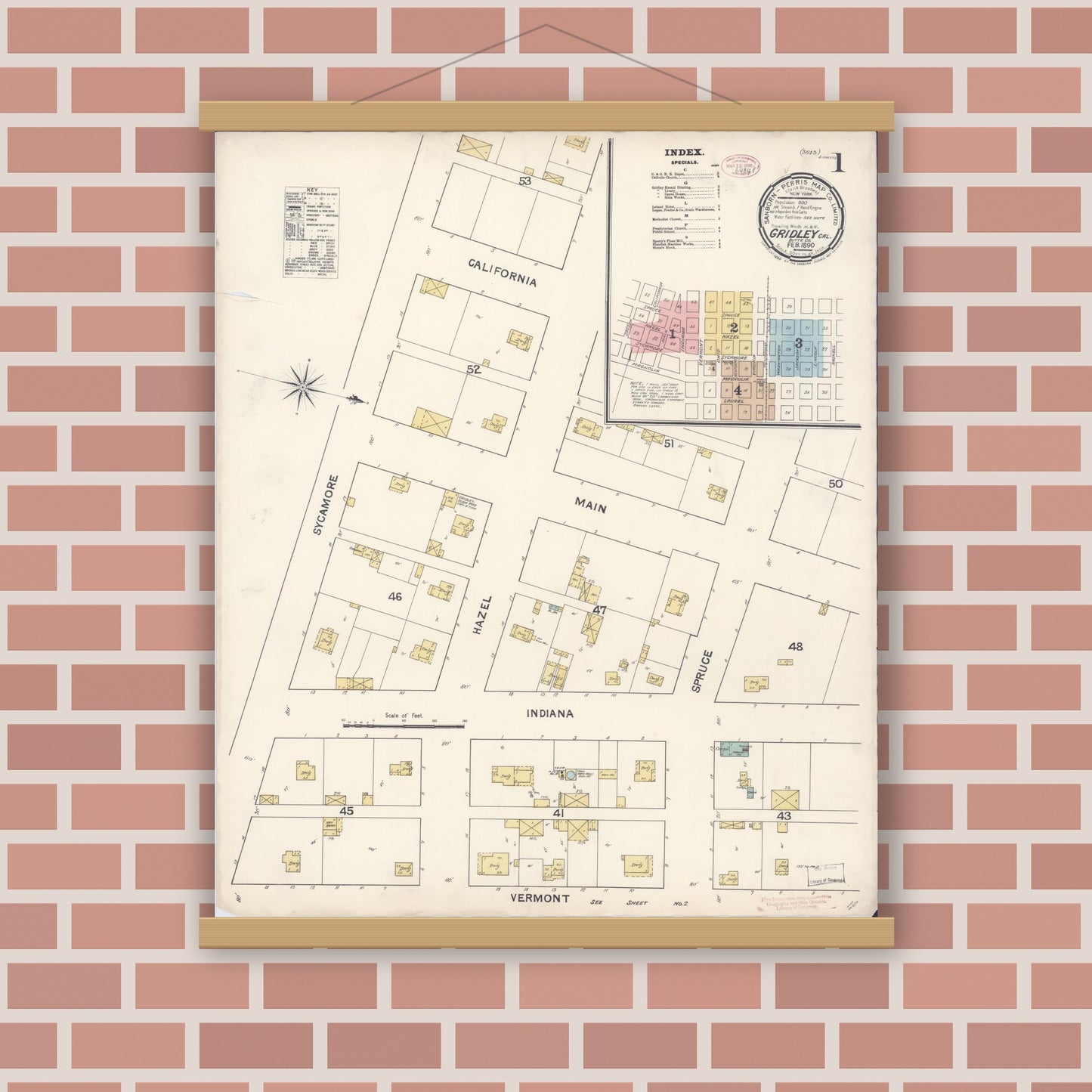 Old map wall art mockup — magnetic wood frame on brick wall — Sanborn Fire Insurance Map from Gridley, Butte County, California (1890), Sheet #0001