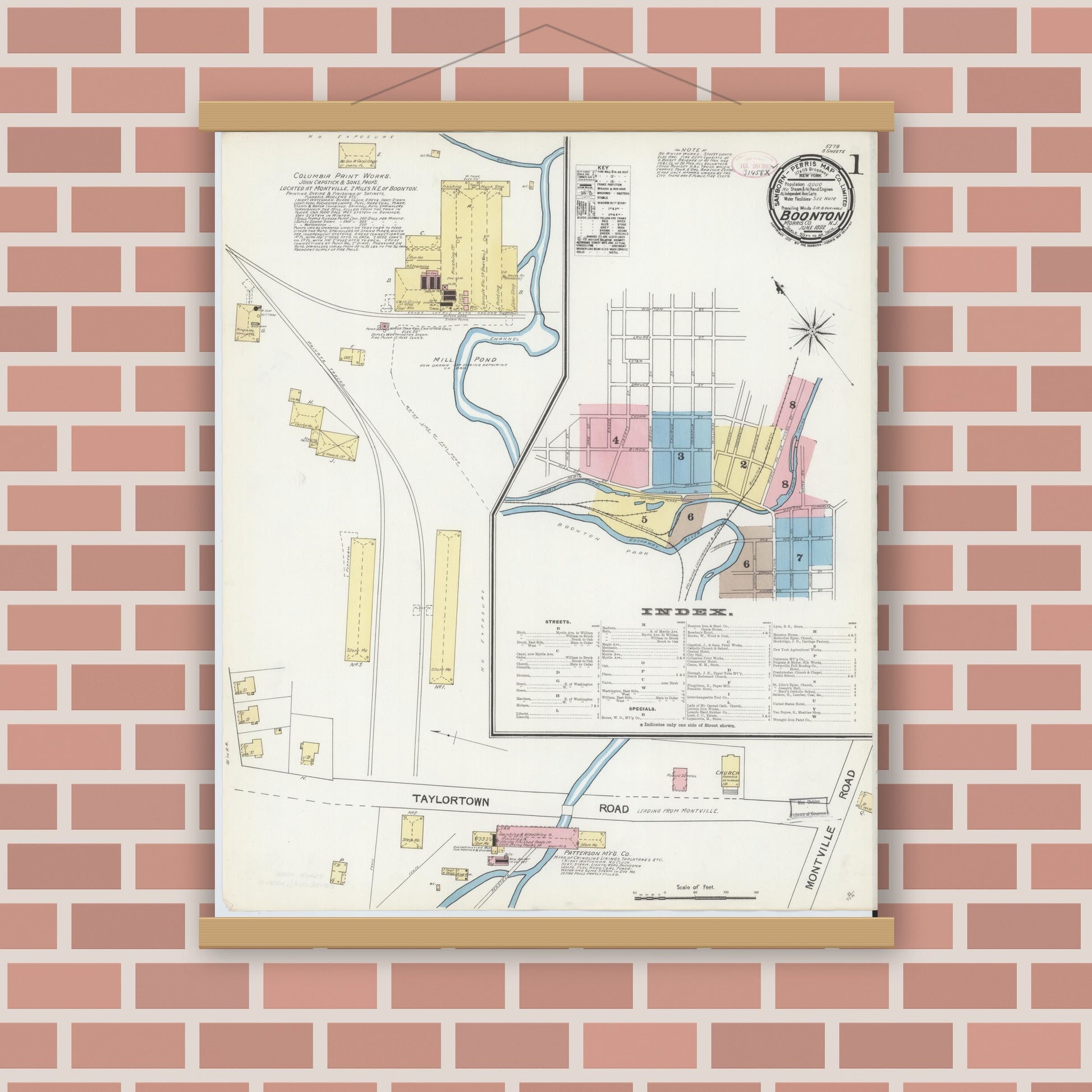 Old map wall art mockup — magnetic wood frame on brick wall — Sanborn Fire Insurance Map from Boonton, Morris County, New Jersey (1892), Sheet #0001