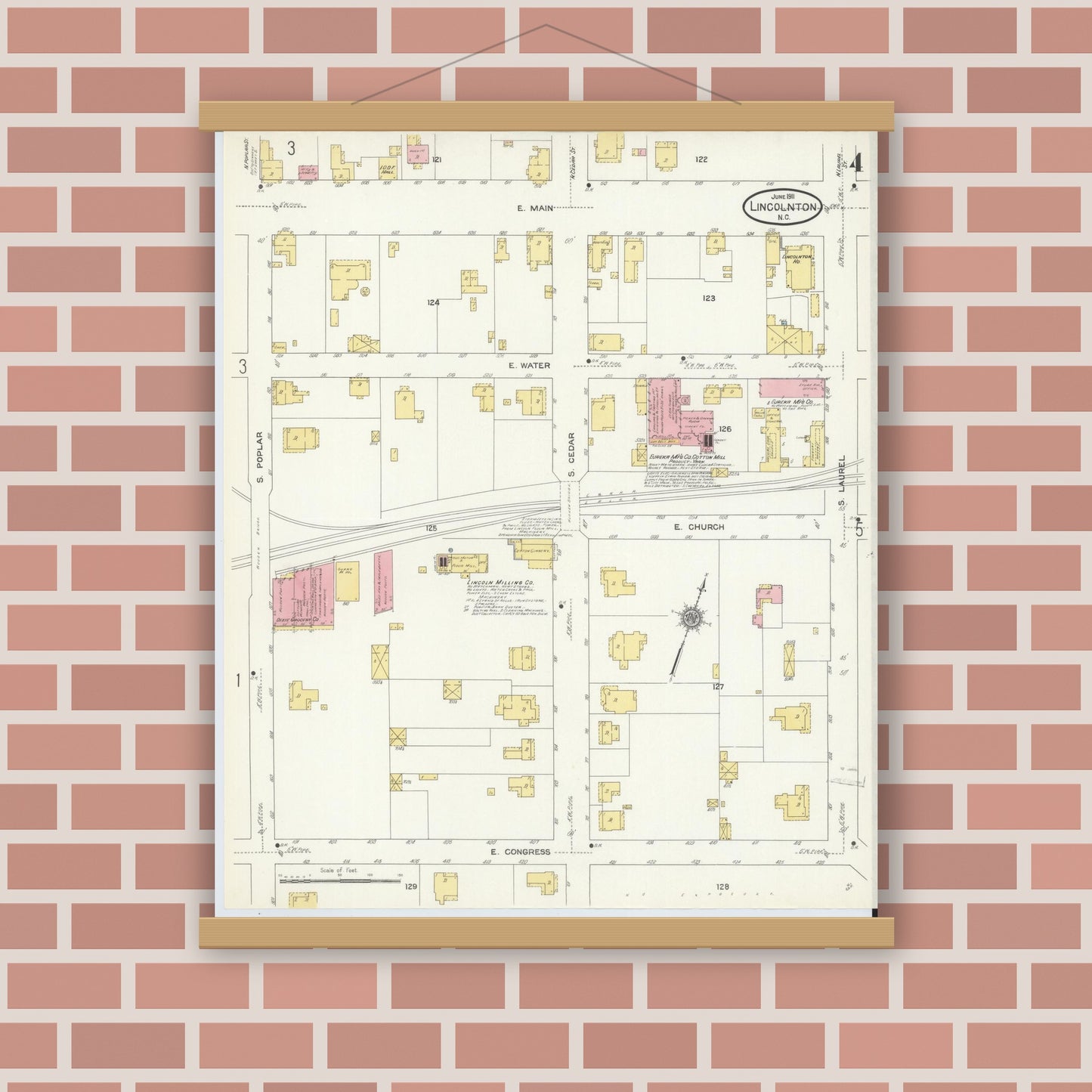 Old map wall art mockup — magnetic wood frame on brick wall — Sanborn Fire Insurance Map from Lincolnton, Lincoln County, North Carolina (1911), Sheet #0004