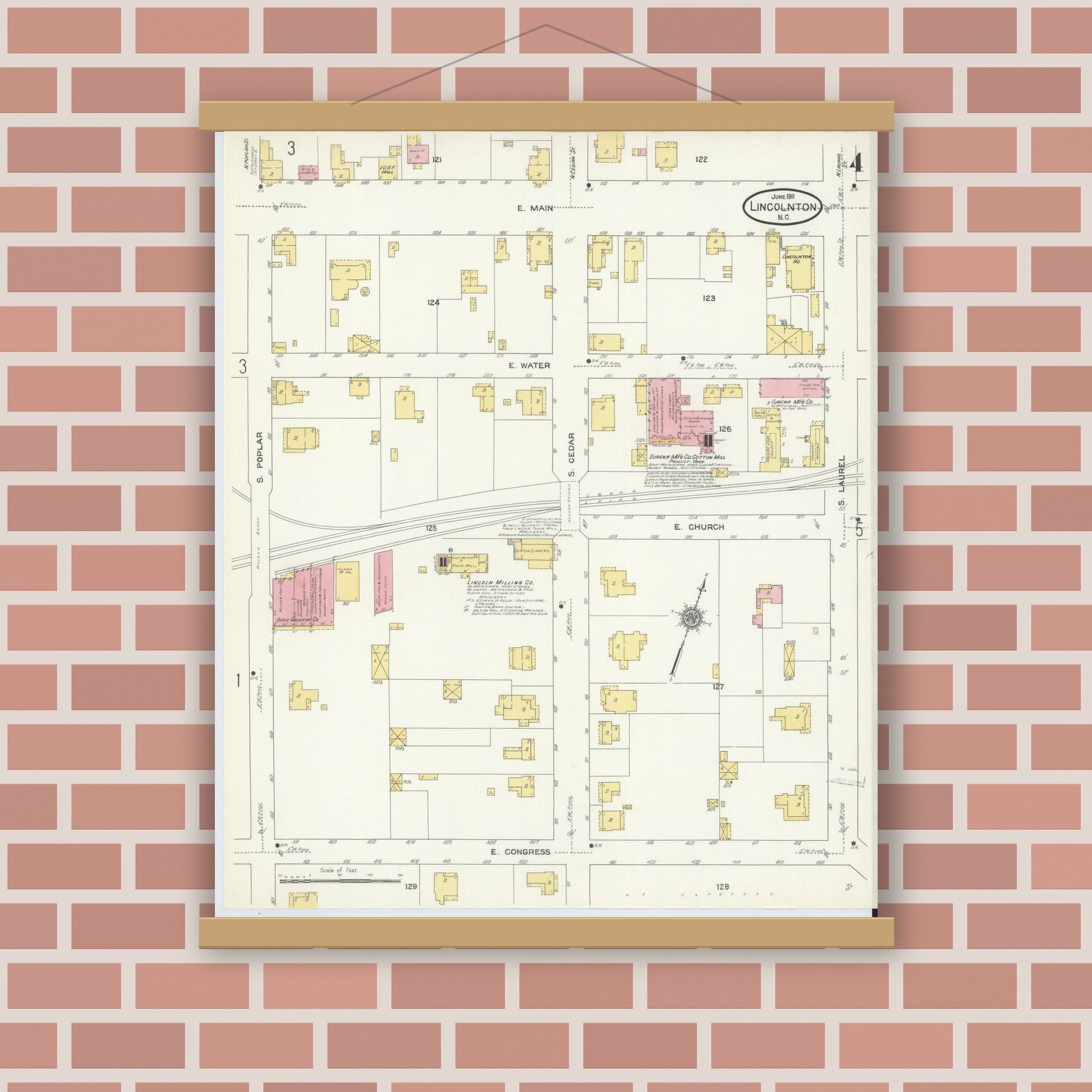 Old map wall art mockup — magnetic wood frame on brick wall — Sanborn Fire Insurance Map from Lincolnton, Lincoln County, North Carolina (1911), Sheet #0004