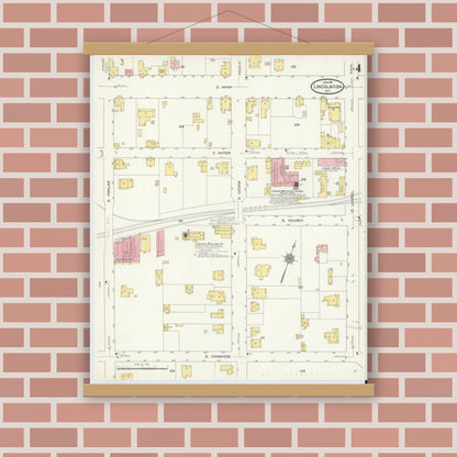 Old map wall art mockup — magnetic wood frame on brick wall — Sanborn Fire Insurance Map from Lincolnton, Lincoln County, North Carolina (1911), Sheet #0004