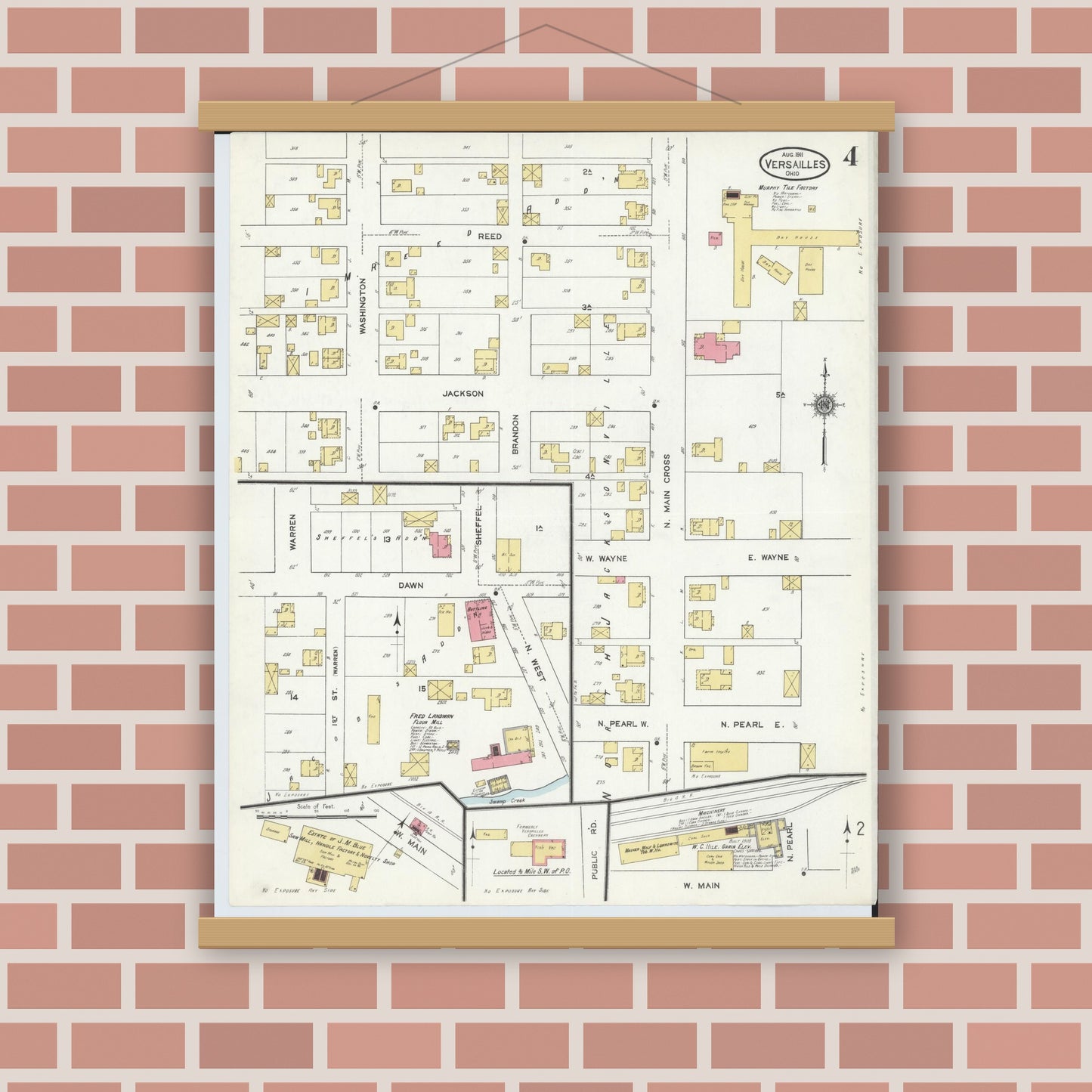 Old map wall art mockup — magnetic wood frame on brick wall — Sanborn Fire Insurance Map from Versailles, Darke County, Ohio (1911), Sheet #0004
