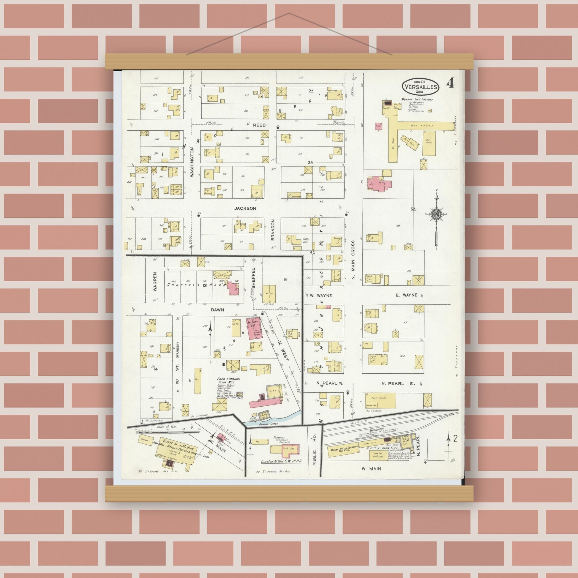 Old map wall art mockup — magnetic wood frame on brick wall — Sanborn Fire Insurance Map from Versailles, Darke County, Ohio (1911), Sheet #0004