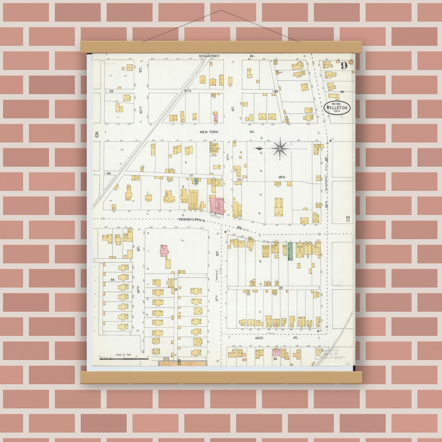 Old map wall art mockup — magnetic wood frame on brick wall — Sanborn Fire Insurance Map from Wellston, Jackson County, Ohio (1904), Sheet #0009