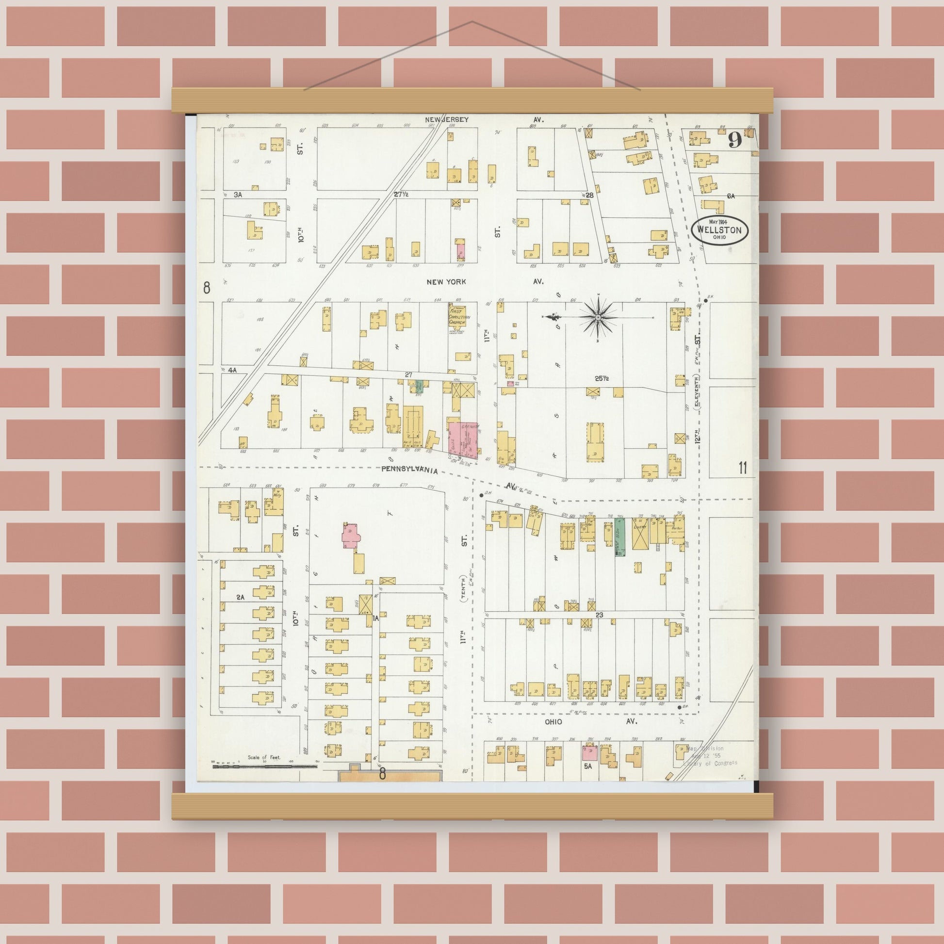 Old map wall art mockup — magnetic wood frame on brick wall — Sanborn Fire Insurance Map from Wellston, Jackson County, Ohio (1904), Sheet #0009