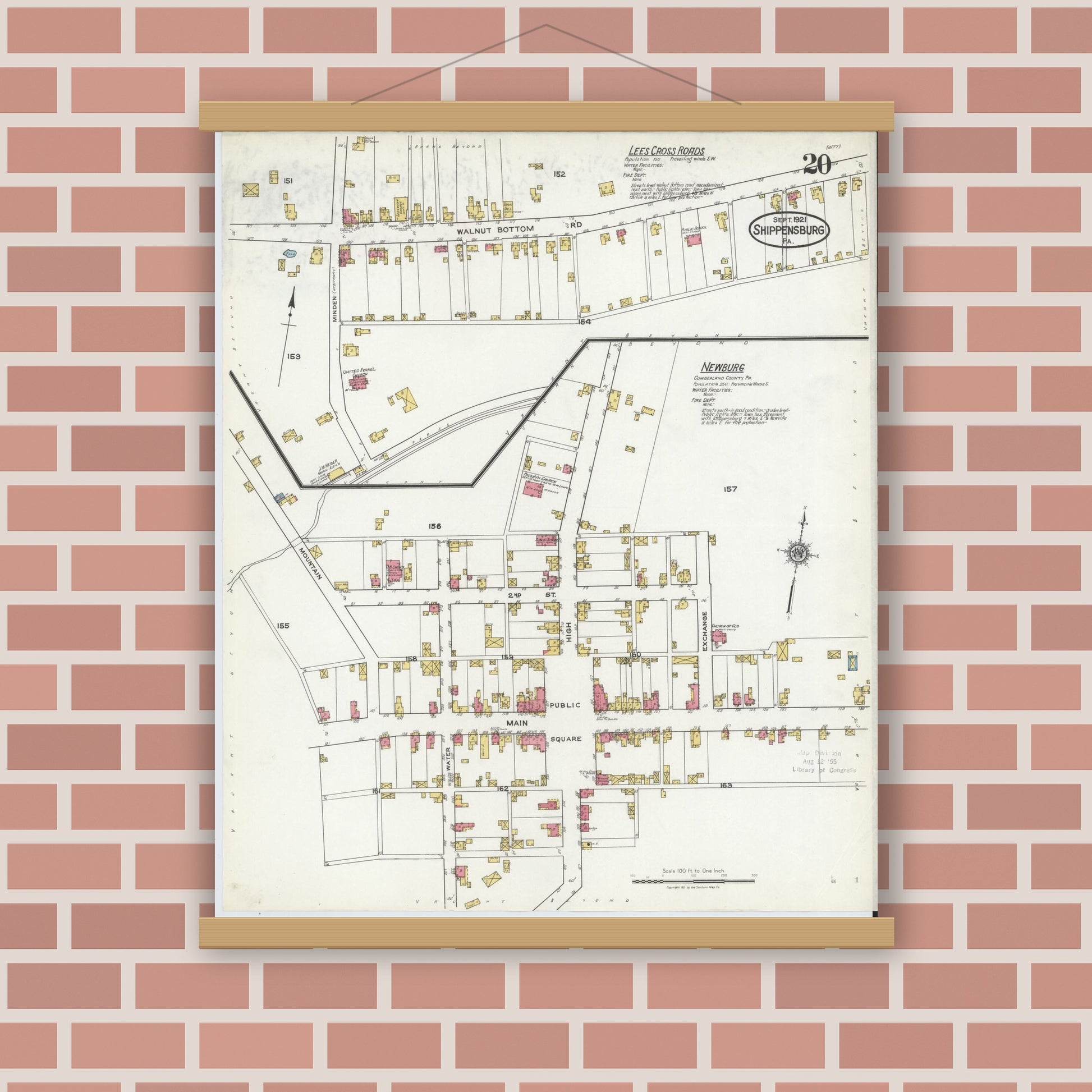 Old map wall art mockup — magnetic wood frame on brick wall — Sanborn Fire Insurance Map from Shippensburg, Cumberland And Franklin Counties, Pennsylvania (1921), Sheet #0020