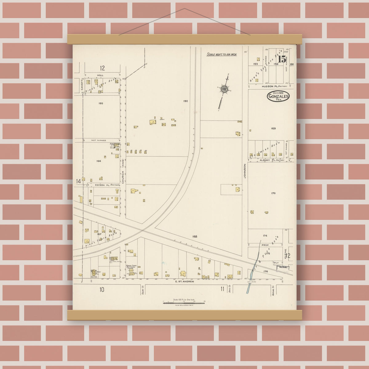 Old map wall art mockup — magnetic wood frame on brick wall — Sanborn Fire Insurance Map from Gonzales, Gonzales County, Texas (1922), Sheet #0015