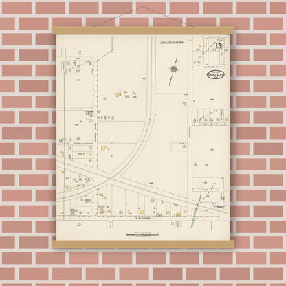 Old map wall art mockup — magnetic wood frame on brick wall — Sanborn Fire Insurance Map from Gonzales, Gonzales County, Texas (1922), Sheet #0015