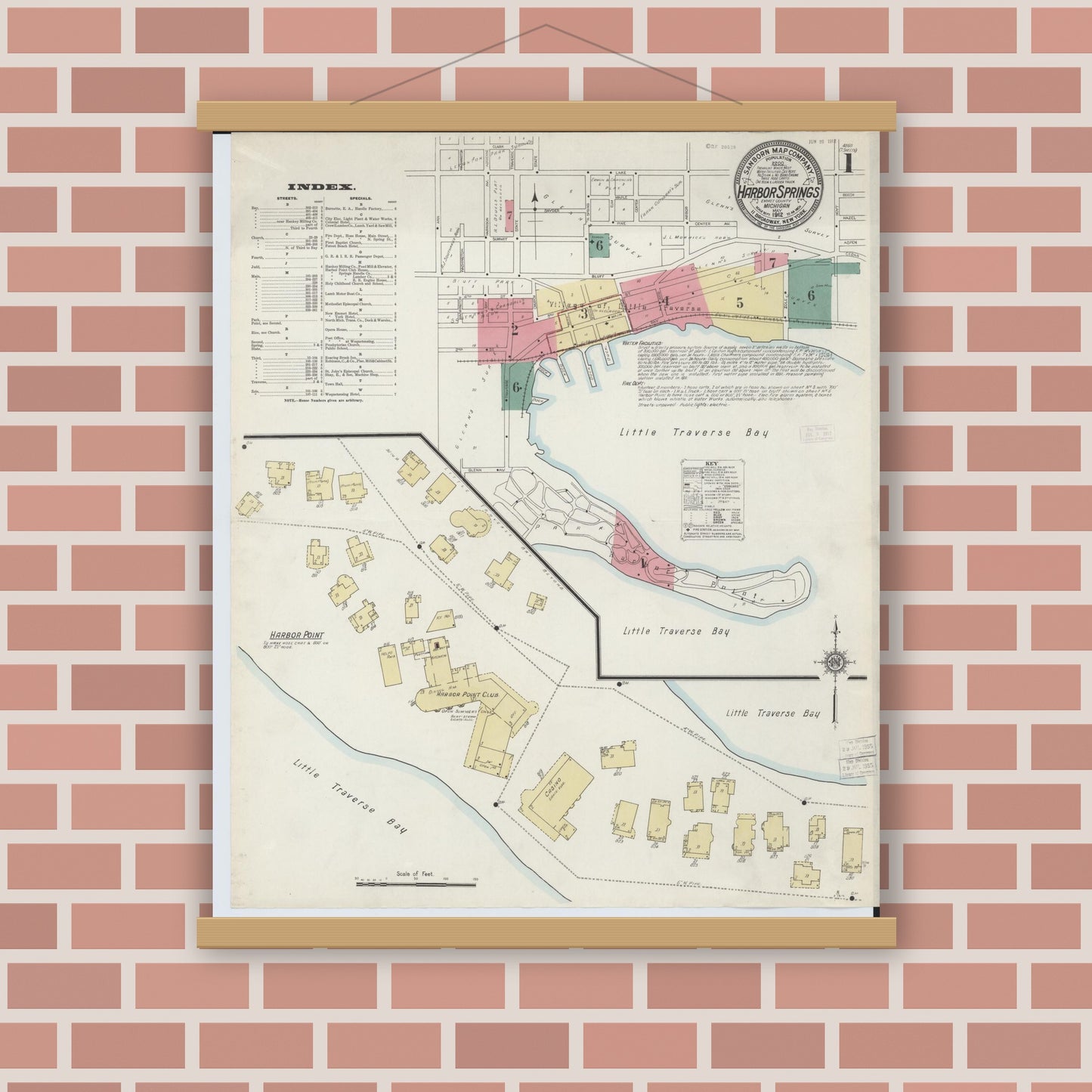 Old map wall art mockup — magnetic wood frame on brick wall — Sanborn Fire Insurance Map from Harbor Springs, Emmet County, Michigan (1912) - Complete Map Set