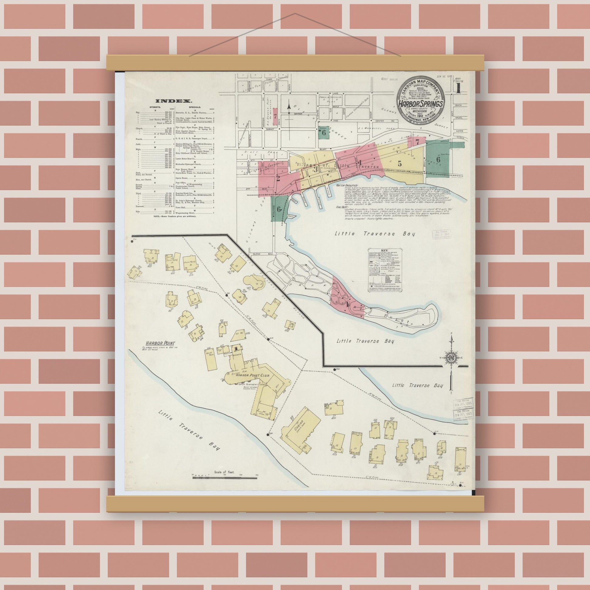 Old map wall art mockup — magnetic wood frame on brick wall — Sanborn Fire Insurance Map from Harbor Springs, Emmet County, Michigan (1912) - Complete Map Set