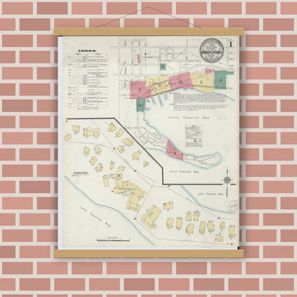 Old map wall art mockup — magnetic wood frame on brick wall — Sanborn Fire Insurance Map from Harbor Springs, Emmet County, Michigan (1912) - Complete Map Set