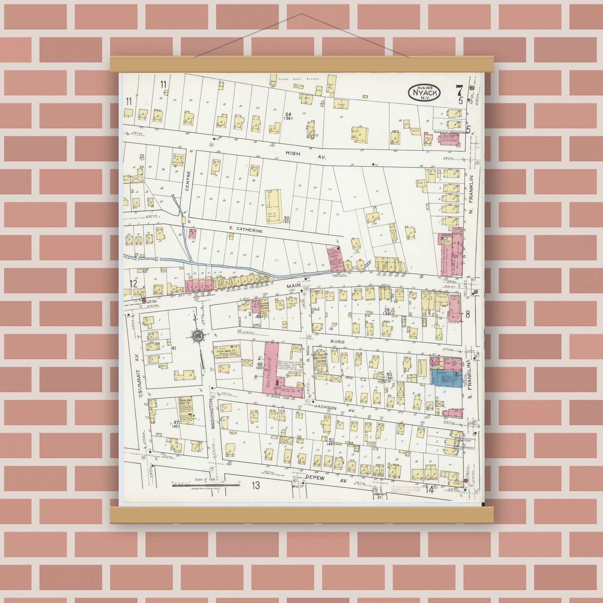 Old map wall art mockup — magnetic wood frame on brick wall — Sanborn Fire Insurance Map from Nyack, Rockland County, New York (1919), Sheet #0007