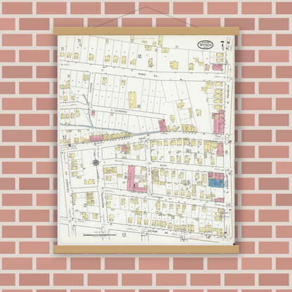 Old map wall art mockup — magnetic wood frame on brick wall — Sanborn Fire Insurance Map from Nyack, Rockland County, New York (1919), Sheet #0007