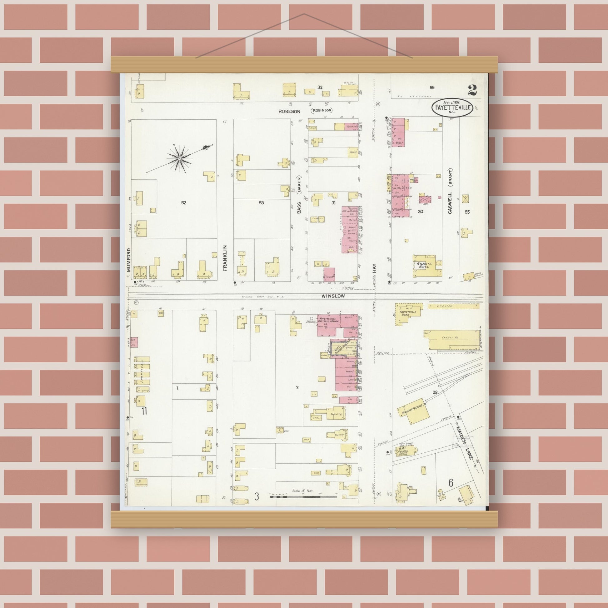 Old map wall art mockup — magnetic wood frame on brick wall — Sanborn Fire Insurance Map from Fayetteville, Cumberland County, North Carolina (1908), Sheet #0002