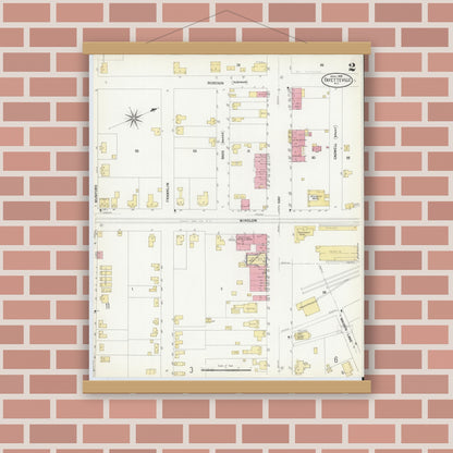 Old map wall art mockup — magnetic wood frame on brick wall — Sanborn Fire Insurance Map from Fayetteville, Cumberland County, North Carolina (1908), Sheet #0002