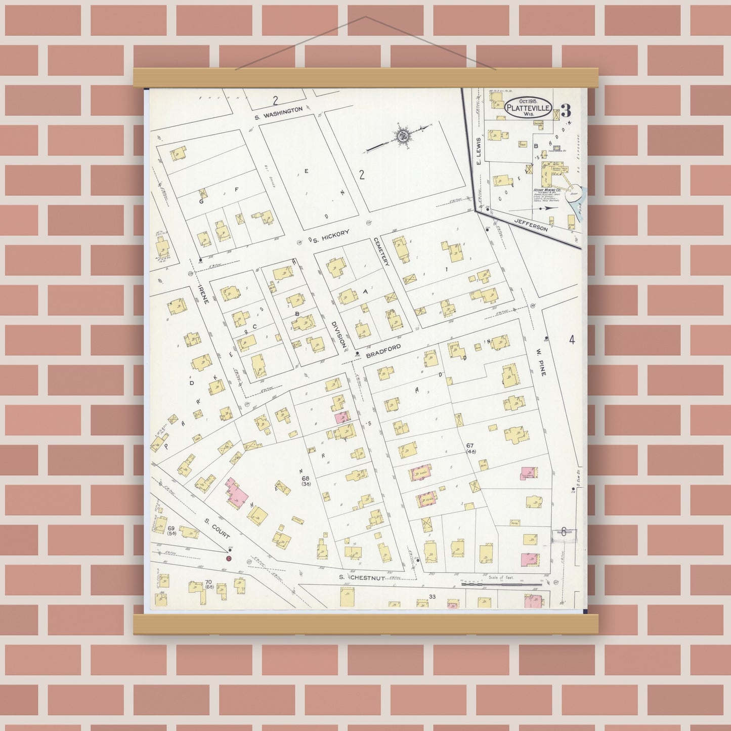 Old map wall art mockup — magnetic wood frame on brick wall — Sanborn Fire Insurance Map from Platteville, Grant County, Wisconsin (1915), Sheet #0003