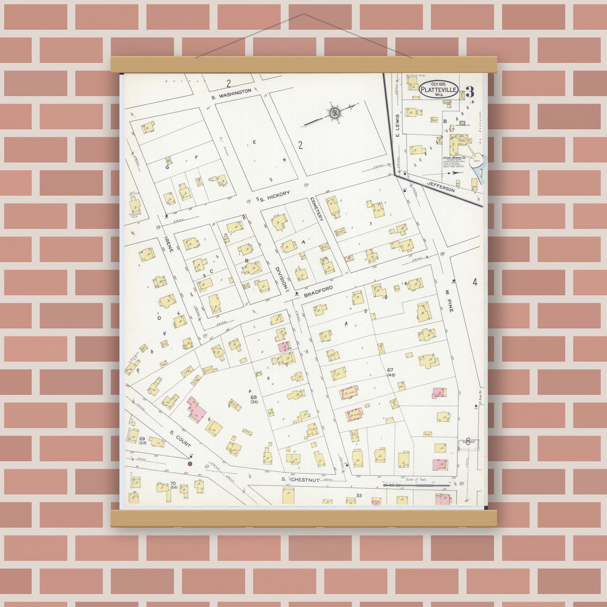 Old map wall art mockup — magnetic wood frame on brick wall — Sanborn Fire Insurance Map from Platteville, Grant County, Wisconsin (1915), Sheet #0003