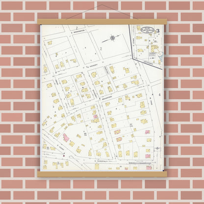 Old map wall art mockup — magnetic wood frame on brick wall — Sanborn Fire Insurance Map from Platteville, Grant County, Wisconsin (1915), Sheet #0003
