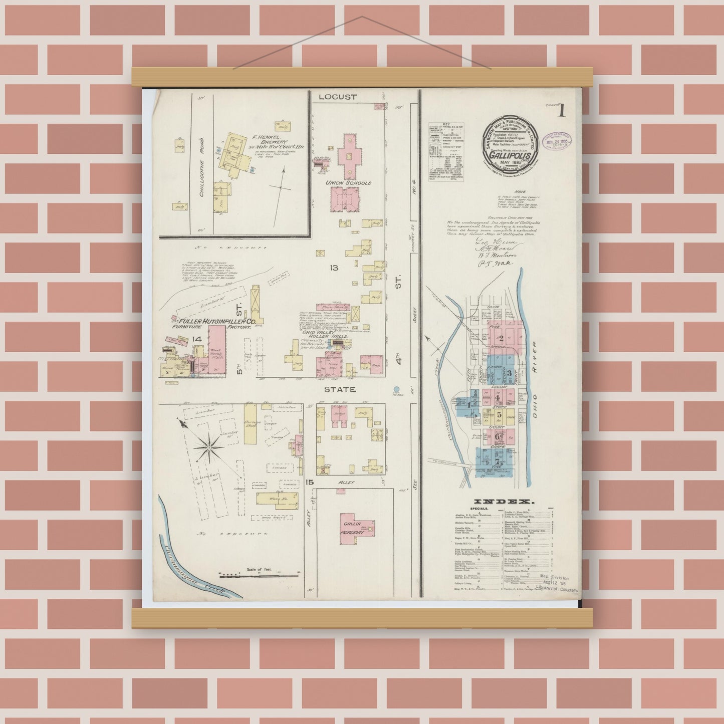 Old map wall art mockup — magnetic wood frame on brick wall — Sanborn Fire Insurance Map from Gallipolis, Gallia County, Ohio (1885) - Complete Map Set