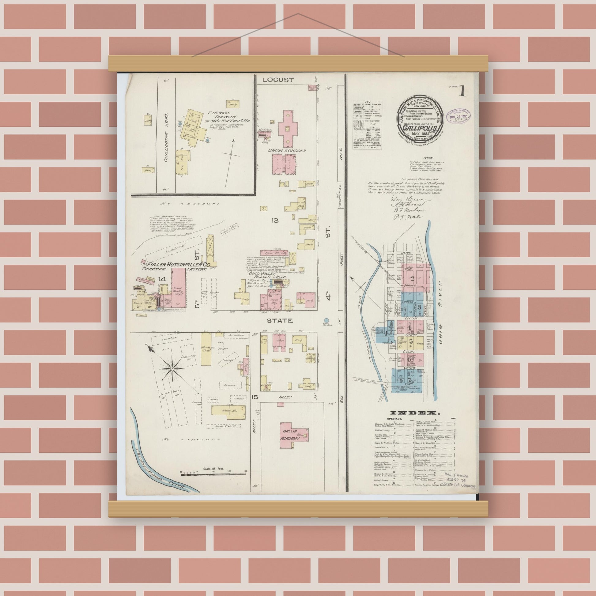 Old map wall art mockup — magnetic wood frame on brick wall — Sanborn Fire Insurance Map from Gallipolis, Gallia County, Ohio (1885) - Complete Map Set