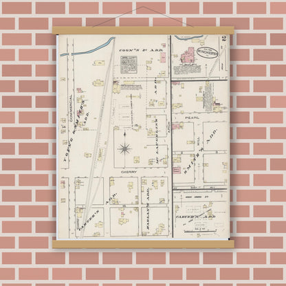 Old map wall art mockup — magnetic wood frame on brick wall — Sanborn Fire Insurance Map from Winchester, Scott County, Illinois (1885), Sheet #0002