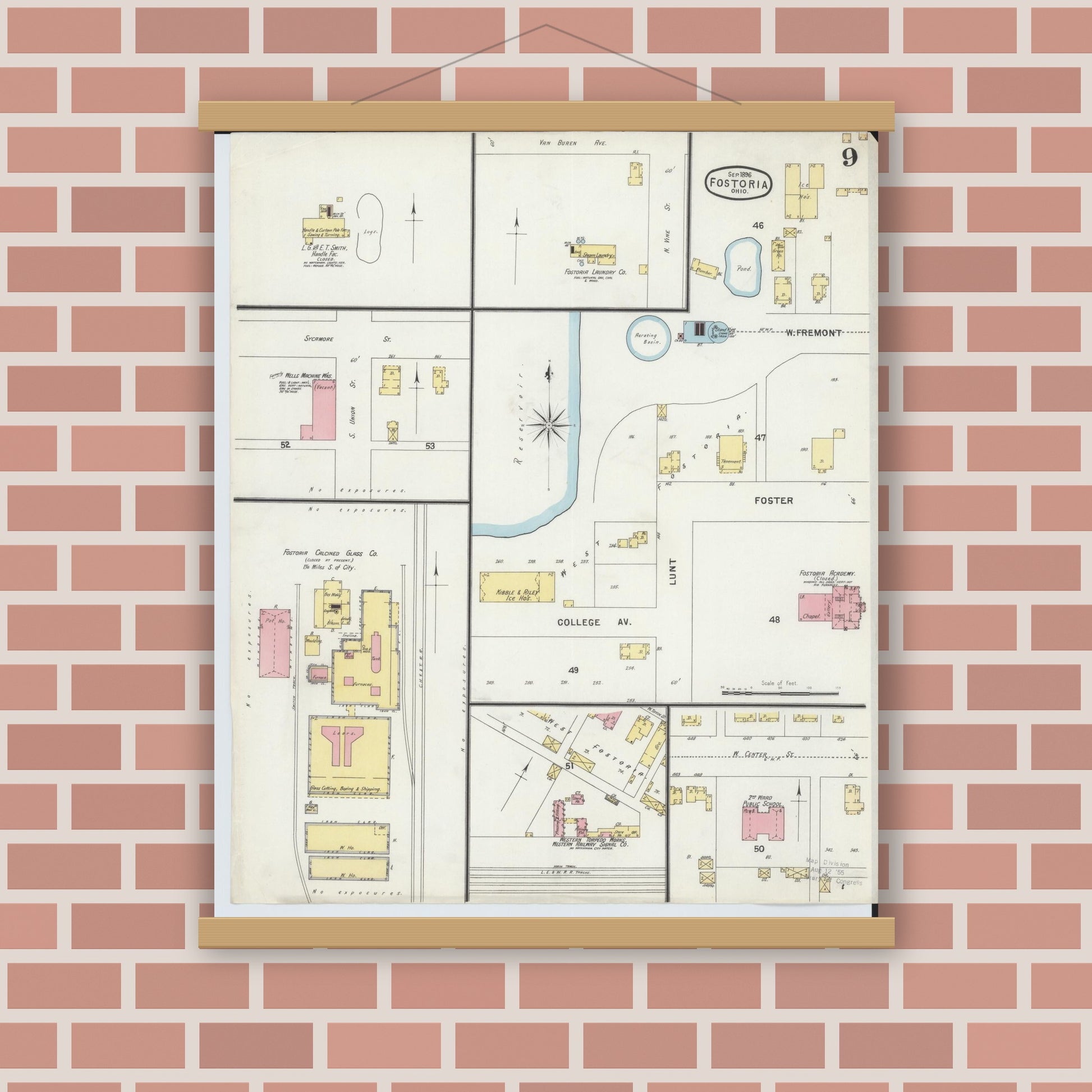 Old map wall art mockup — magnetic wood frame on brick wall — Sanborn Fire Insurance Map from Fostoria, Seneca, Hancock, And Wood Counties, Ohio (1896), Sheet #0009