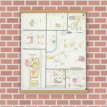 Old map wall art mockup — magnetic wood frame on brick wall — Sanborn Fire Insurance Map from Fostoria, Seneca, Hancock, And Wood Counties, Ohio (1896), Sheet #0009
