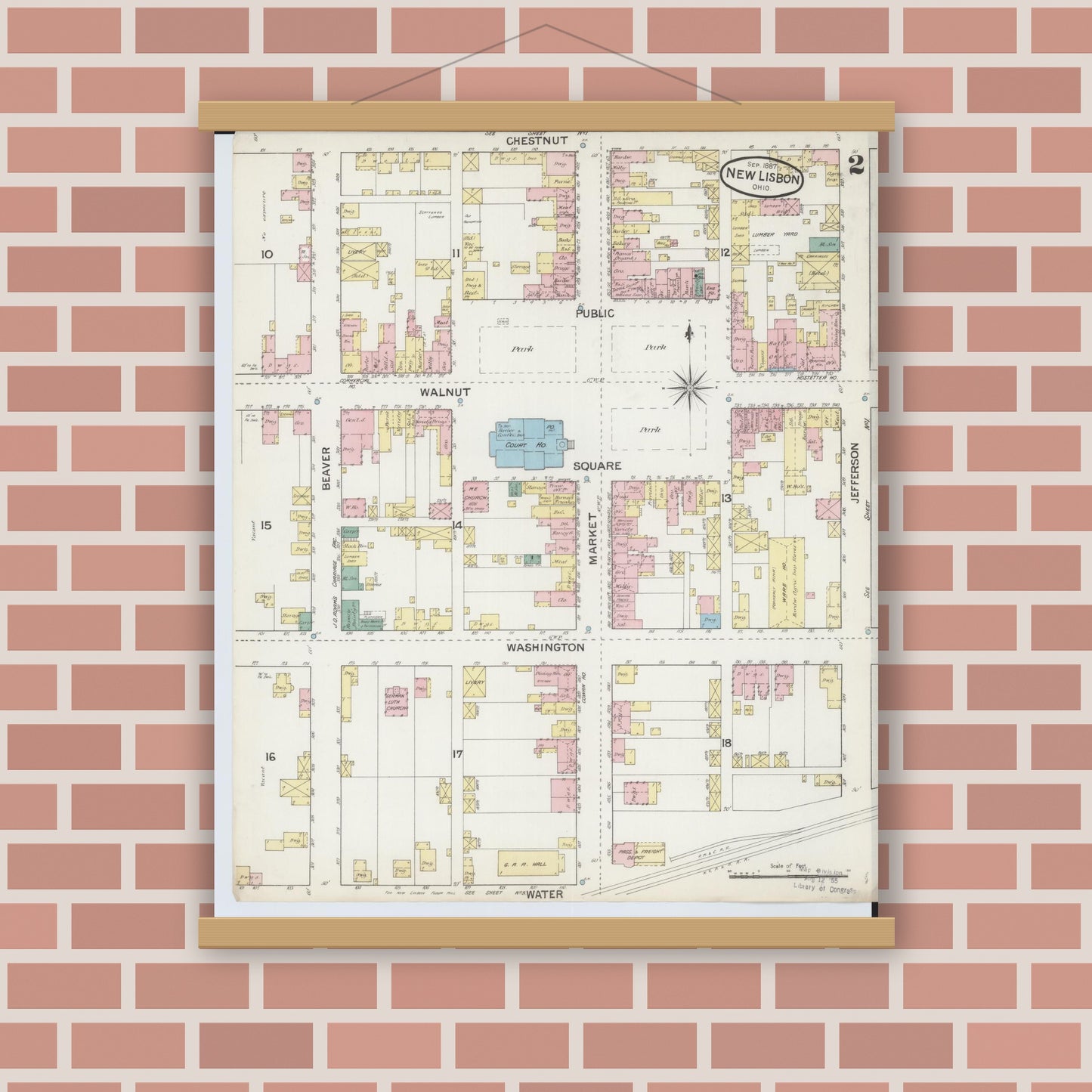 Old map wall art mockup — magnetic wood frame on brick wall — Sanborn Fire Insurance Map from New Lisbon, Columbiana County, Ohio (1887), Sheet #0002