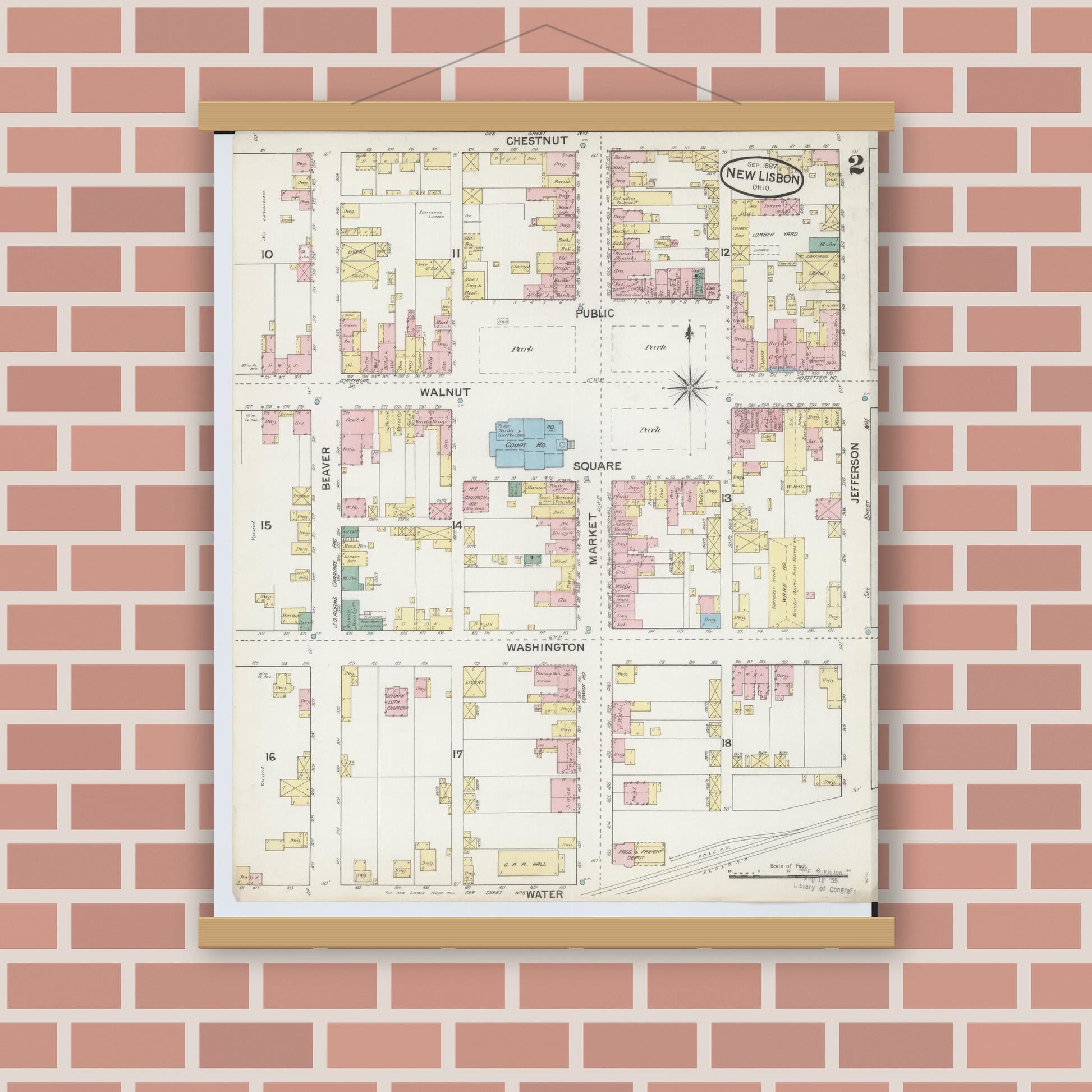 Old map wall art mockup — magnetic wood frame on brick wall — Sanborn Fire Insurance Map from New Lisbon, Columbiana County, Ohio (1887), Sheet #0002