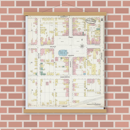 Old map wall art mockup — magnetic wood frame on brick wall — Sanborn Fire Insurance Map from New Lisbon, Columbiana County, Ohio (1887), Sheet #0002