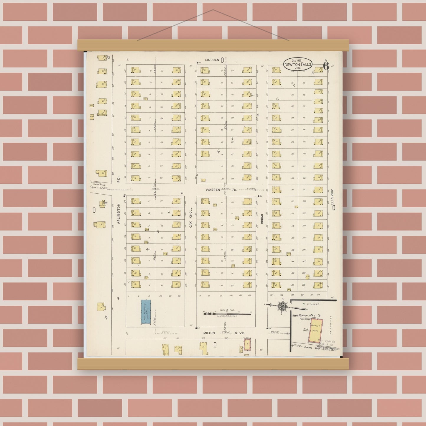 Old map wall art mockup — magnetic wood frame on brick wall — Sanborn Fire Insurance Map from Newton Falls, Trumbull County, Ohio (1922), Sheet #0006