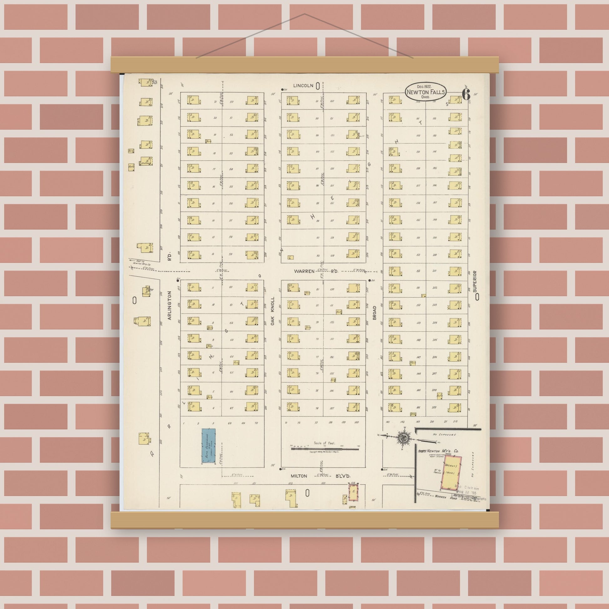 Old map wall art mockup — magnetic wood frame on brick wall — Sanborn Fire Insurance Map from Newton Falls, Trumbull County, Ohio (1922), Sheet #0006