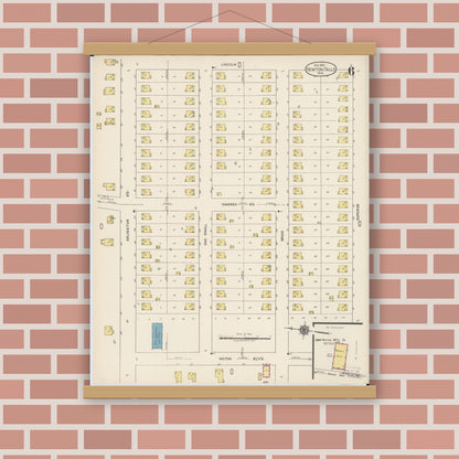 Old map wall art mockup — magnetic wood frame on brick wall — Sanborn Fire Insurance Map from Newton Falls, Trumbull County, Ohio (1922), Sheet #0006