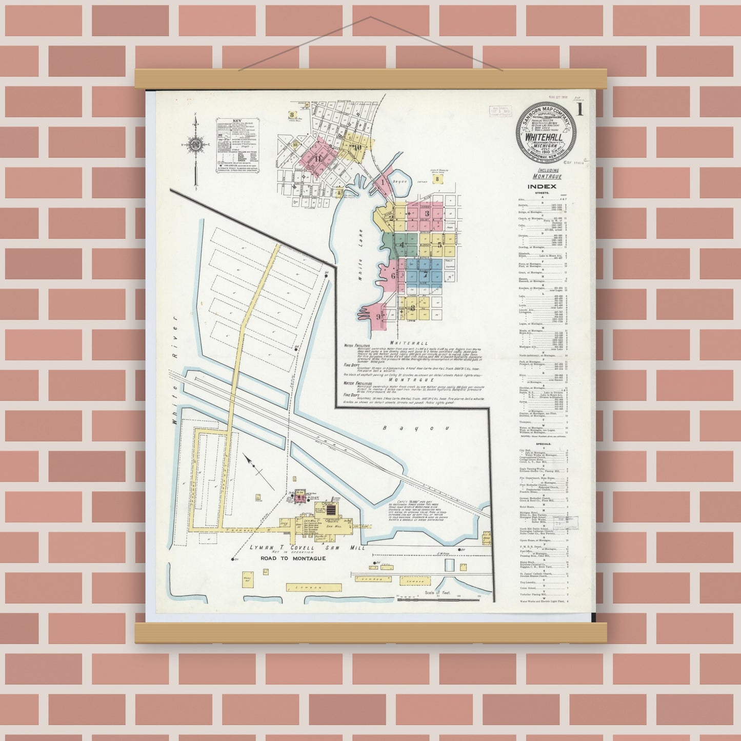 Old map wall art mockup — magnetic wood frame on brick wall — Sanborn Fire Insurance Map from Whitehall, Muskegon County, Michigan (1910), Sheet #0001