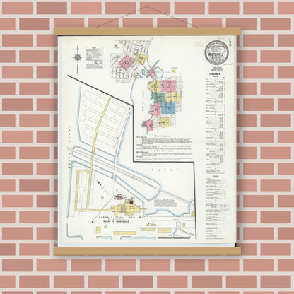 Old map wall art mockup — magnetic wood frame on brick wall — Sanborn Fire Insurance Map from Whitehall, Muskegon County, Michigan (1910), Sheet #0001