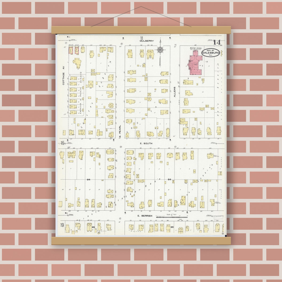 Old map wall art mockup — magnetic wood frame on brick wall — Sanborn Fire Insurance Map from Galesburg, Knox County, Illinois (1911), Sheet #0014