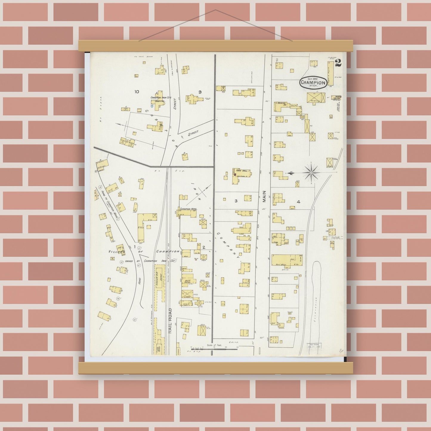 Old map wall art mockup — magnetic wood frame on brick wall — Sanborn Fire Insurance Map from Champion, Marquette County, Michigan (1892), Sheet #0002