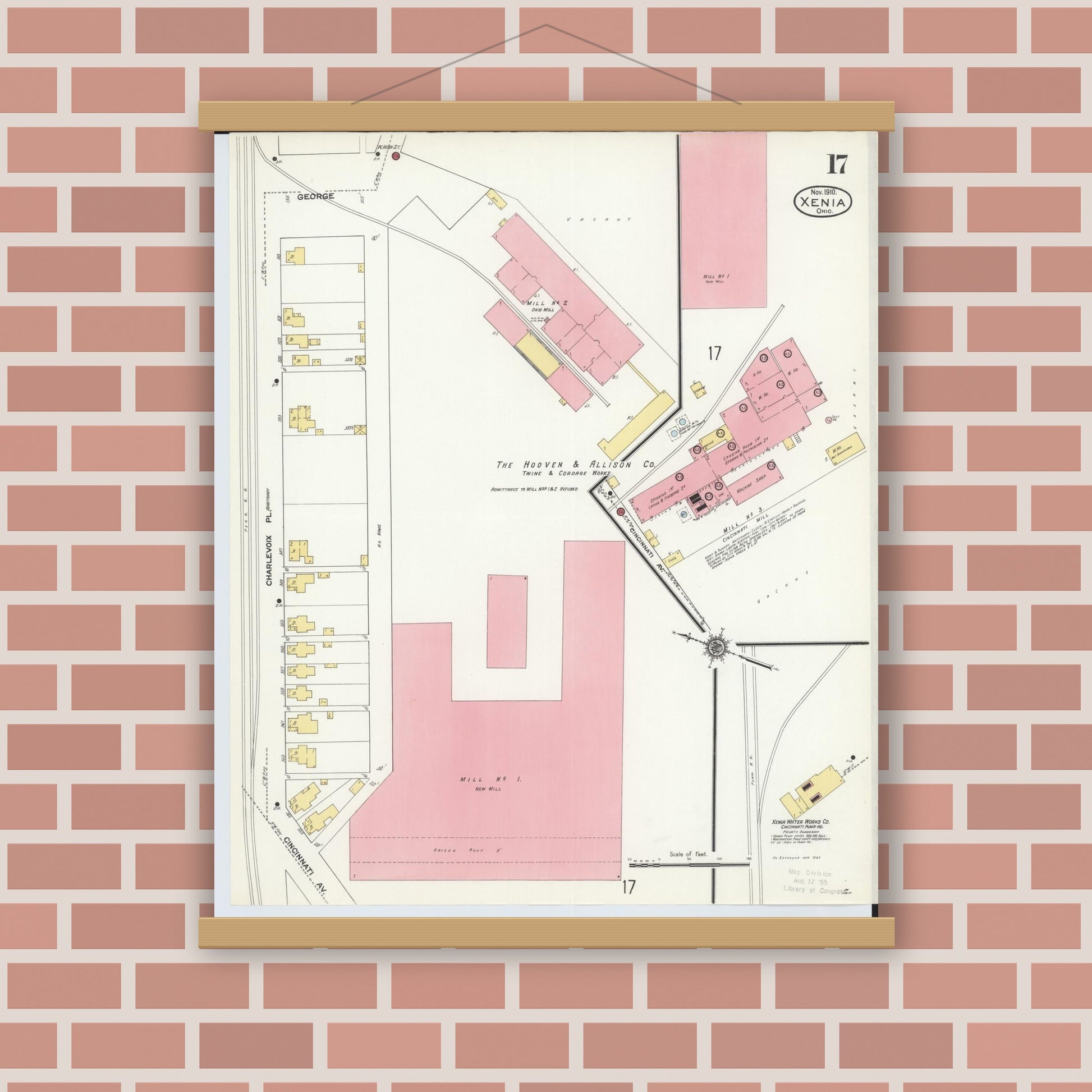 Old map wall art mockup — magnetic wood frame on brick wall — Sanborn Fire Insurance Map from Xenia, Greene County, Ohio (1910), Sheet #0017