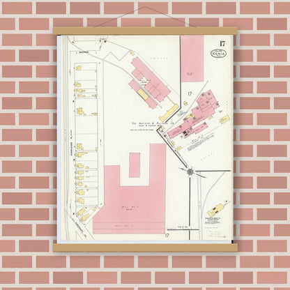 Old map wall art mockup — magnetic wood frame on brick wall — Sanborn Fire Insurance Map from Xenia, Greene County, Ohio (1910), Sheet #0017