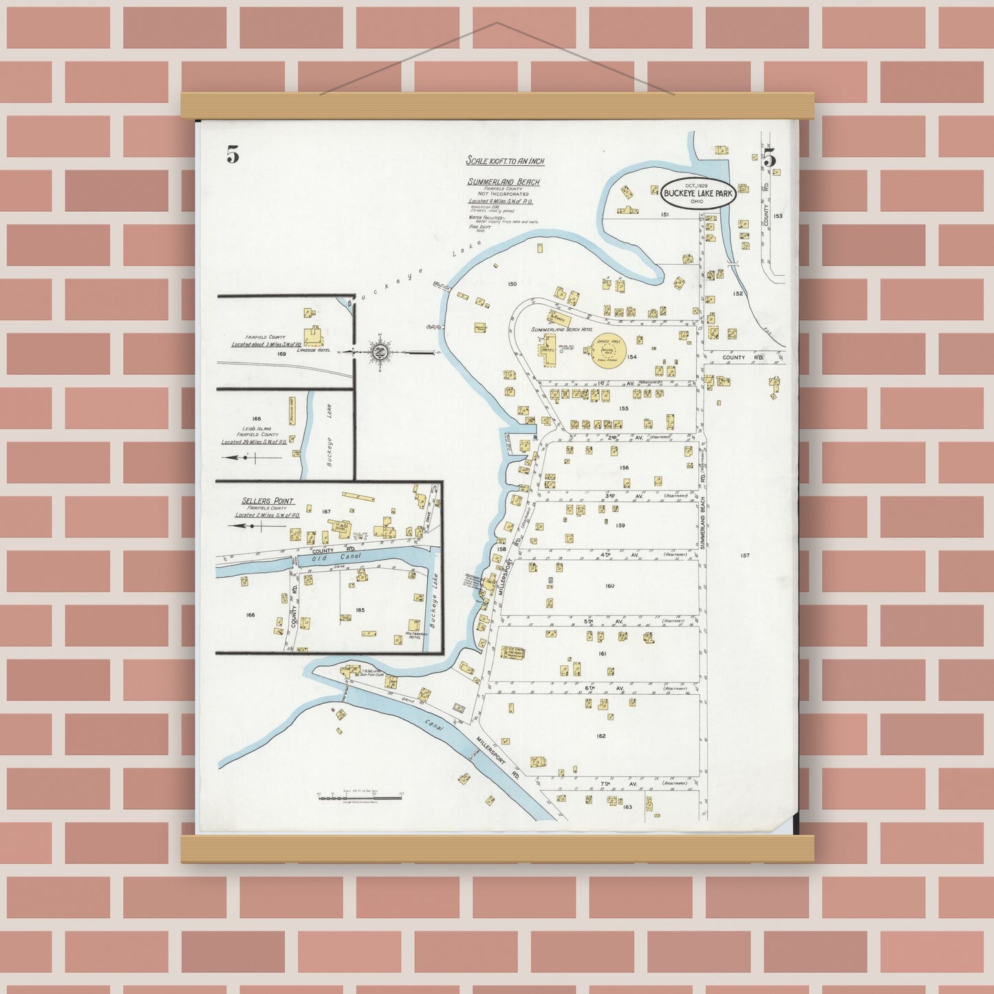 Old map wall art mockup — magnetic wood frame on brick wall — Sanborn Fire Insurance Map from Buckeye Lake, Licking County, Ohio (1929), Sheet #0005