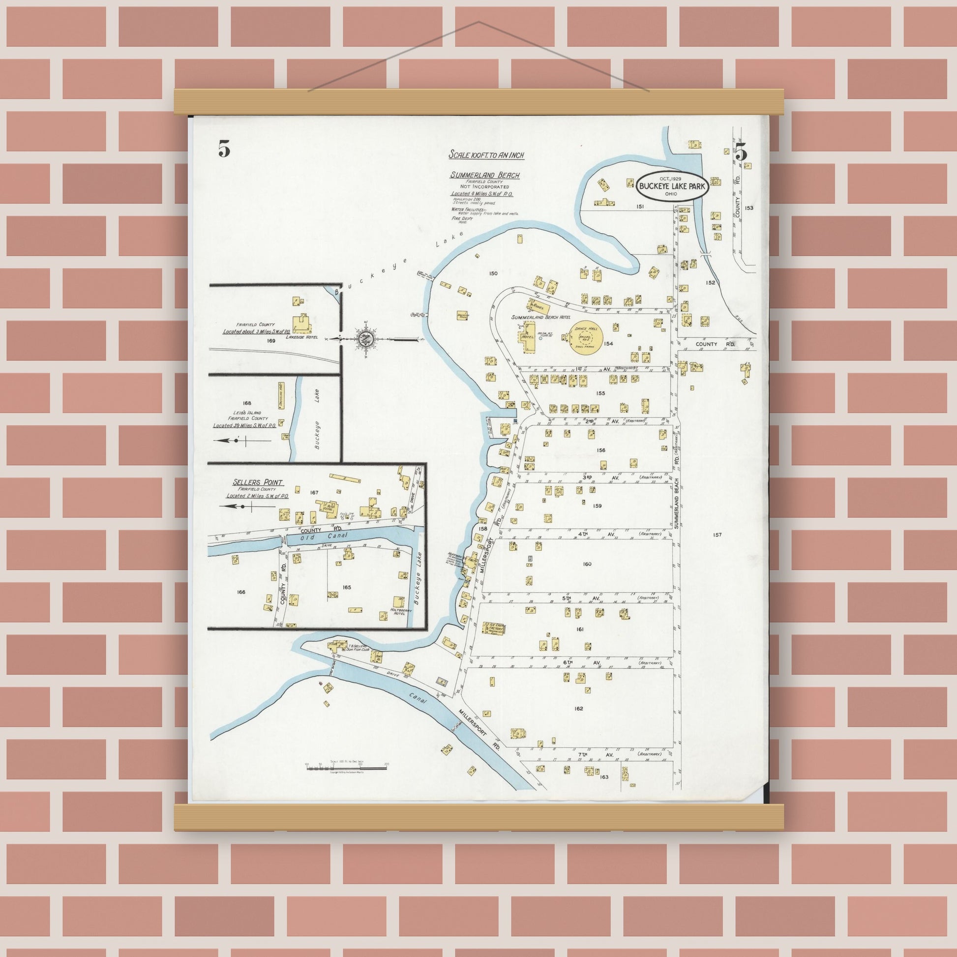 Old map wall art mockup — magnetic wood frame on brick wall — Sanborn Fire Insurance Map from Buckeye Lake, Licking County, Ohio (1929), Sheet #0005