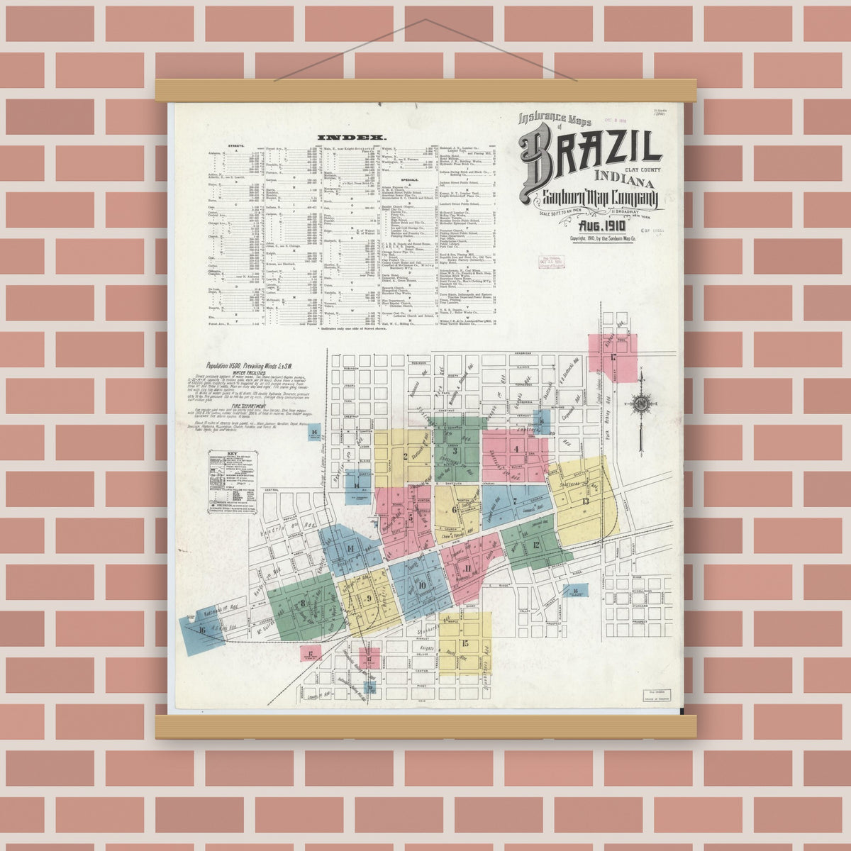 Old map wall art mockup — magnetic wood frame on brick wall — Sanborn Fire Insurance Map from Brazil, Clay County, Indiana (1910), Sheet #0001