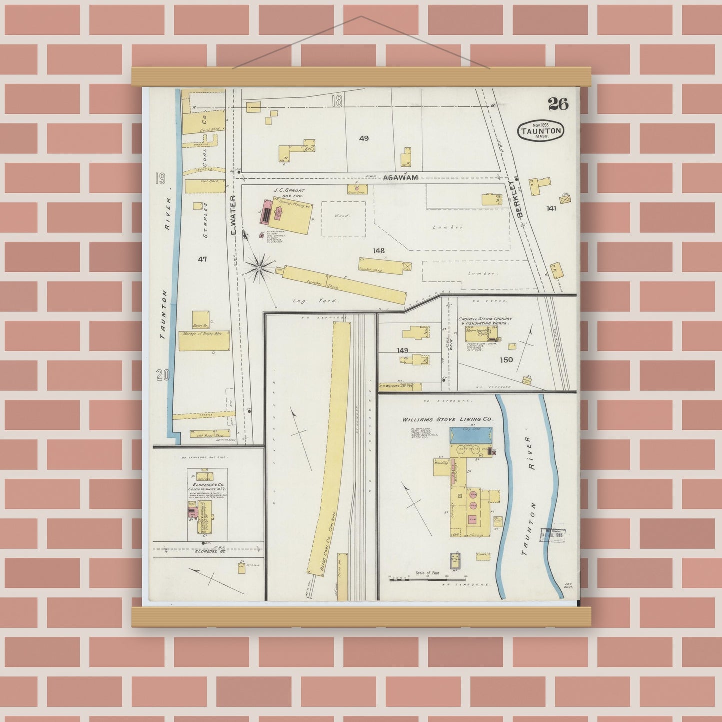 Old map wall art mockup — magnetic wood frame on brick wall — Sanborn Fire Insurance Map from Taunton, Bristol County, Massachusetts (1893), Sheet #0026